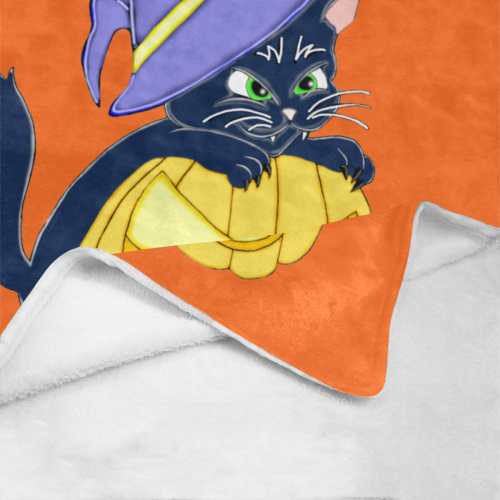 Cute Halloween Black Cat Witches Hat Orange Ultra-Soft Micro Fleece Blanket 50"x60"