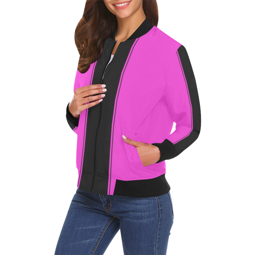Pink Racing Stripe Center Black All Over Print Bomber Jacket for Women (Model H19)