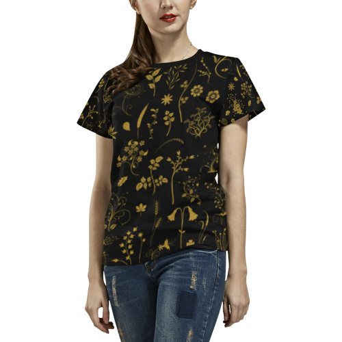 Ethno Floral Elements Pattern Gold 1 All Over Print T-shirt for Women/Large Size (USA Size) (Model T40)