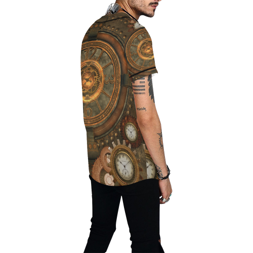 Steampunk, wonderful vintage clocks and gears All Over Print Baseball Jersey for Men (Model T50)