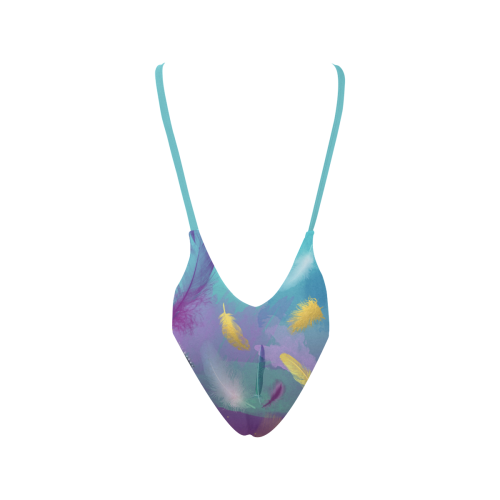 Dancing Feathers - Turquoise and Purple Sexy Low Back One-Piece Swimsuit (Model S09)