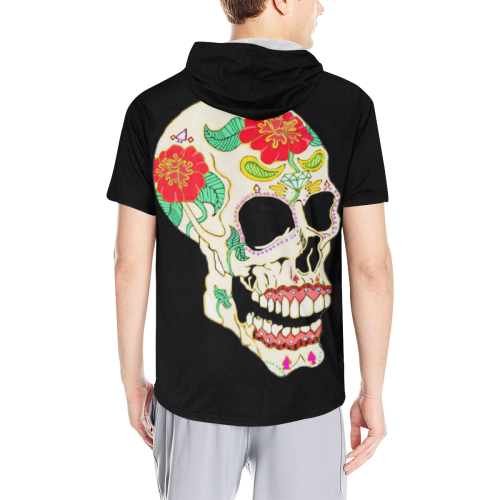Flower Sugar Skull Black All Over Print Short Sleeve Hoodie for Men (Model H32)