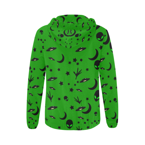Alien Flying Saucers Stars Pattern on Green All Over Print Full Zip Hoodie for Women (Model H14)