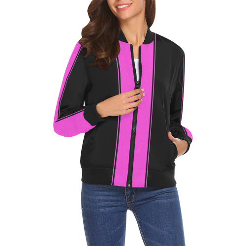 Pink Race Car Stripes Black Sides All Over Print Bomber Jacket for Women (Model H19)