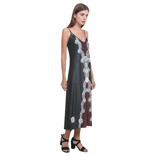 White Roses and Lace Goth Print V-Neck Open Fork Long Dress(Model D18)