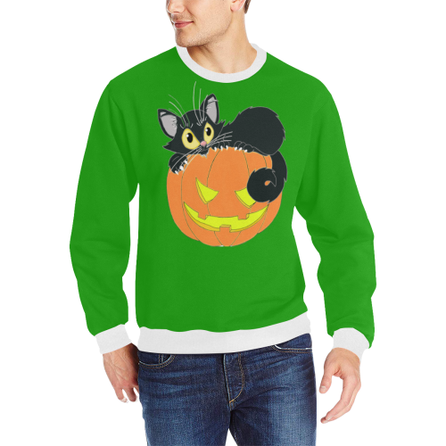 Halloween Black Cat And Pumpkin Green Men's Rib Cuff Crew Neck Sweatshirt (Model H34)