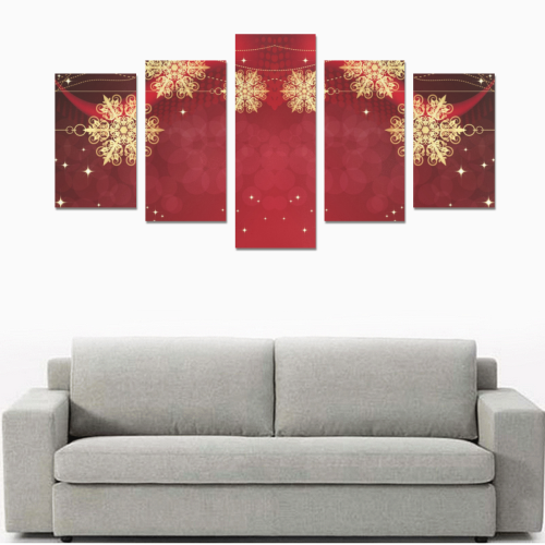 Golden Christmas Snowflake Ornaments on Red Canvas Print Sets C (No Frame)