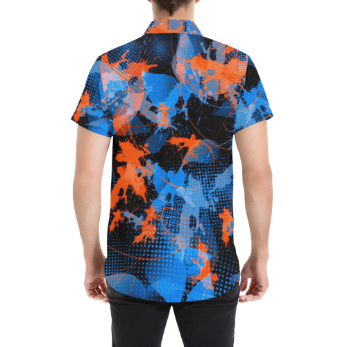 Blue and Orange Paint Splatter Button Down Men's All Over Print Short Sleeve Shirt (Model T53)