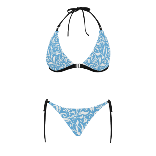 blue flower pattern Buckle Front Halter Bikini Swimsuit (Model S08)