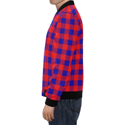 Red and Blue Checkered All Over Print Bomber Jacket for Men (Model H19)