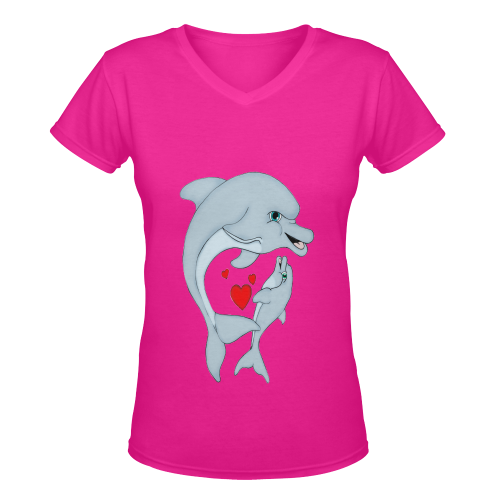Dolphin Love Hot Pink Women's Deep V-neck T-shirt (Model T19)