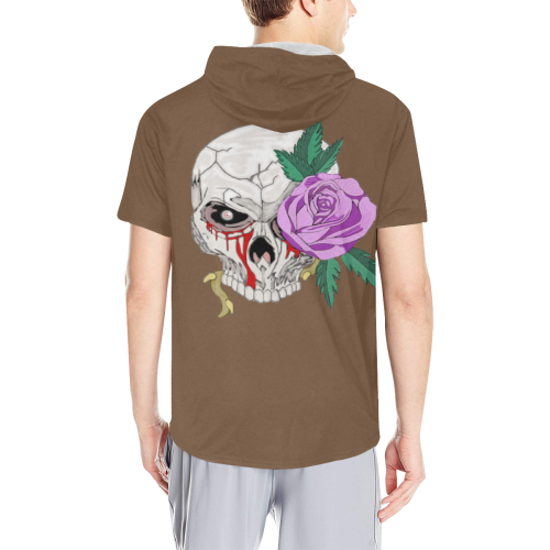 Skull Rose Pink Brown All Over Print Short Sleeve Hoodie for Men (Model H32)