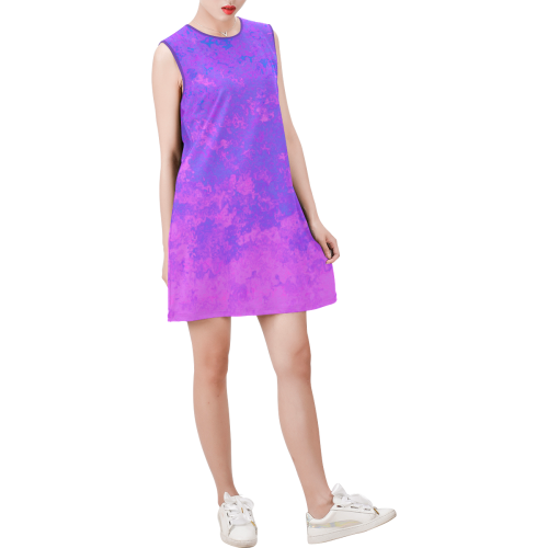 Blue/Purple/Pink Abstract Sleeveless Round Neck Shift Dress (Model D51)
