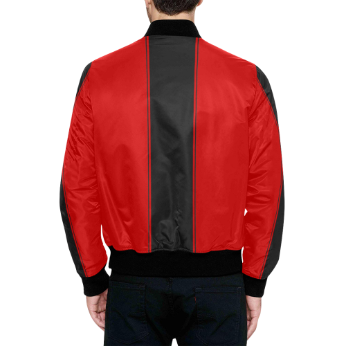 Red Racing Stripe Center Black All Over Print Quilted Bomber Jacket for Men (Model H33)