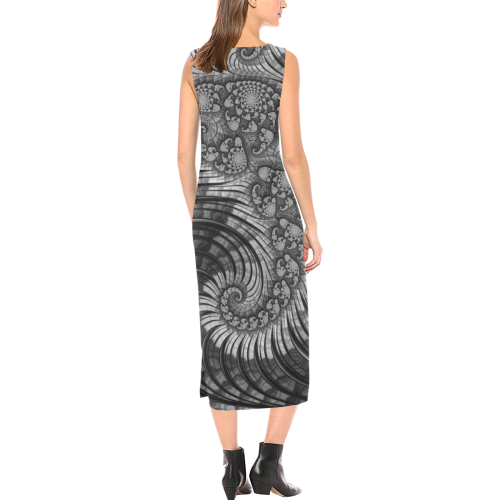 Coral Reef in Black and White Fractal Abstract Phaedra Sleeveless Open Fork Long Dress (Model D08)