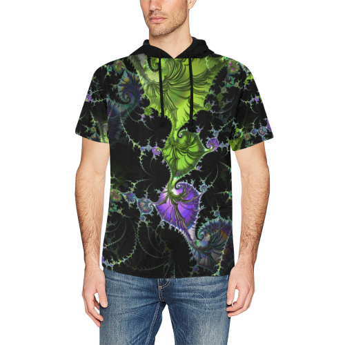 Filigree Spiral Fractal - Psychedelic Black Green All Over Print Short Sleeve Hoodie for Men (Model H32)