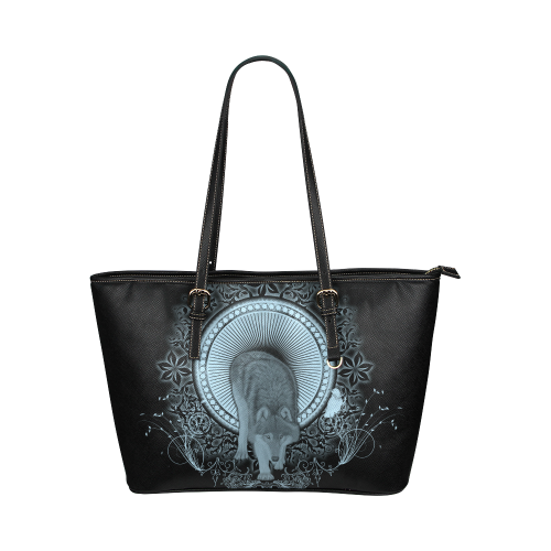 Wolf in black and blue Leather Tote Bag/Small (Model 1651)