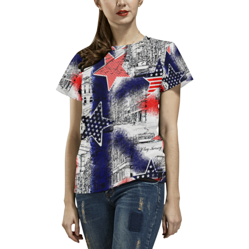 American Town with Stars (Fade 1) Design By Me by Doris Clay-Kersey All Over Print T-Shirt for Women (USA Size) (Model T40)