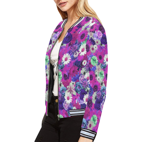 Purple Mint Fantasy Garden All Over Print Bomber Jacket for Women (Model H21)
