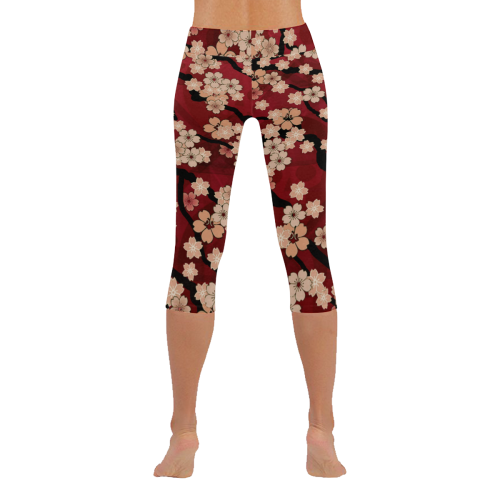 Sakura Breeze Ruby Wine Women's Low Rise Capri Leggings (Invisible Stitch) (Model L08)