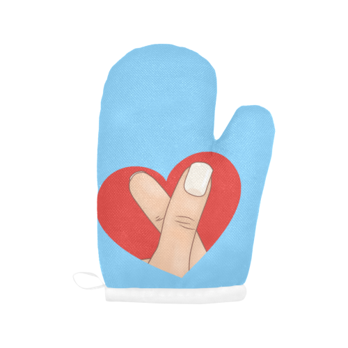 Red Heart Fingers on Blue Oven Mitt (Two Pieces)