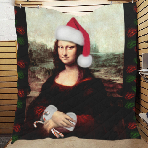 Christmas Mona Lisa with Santa Hat Quilt 60"x70"