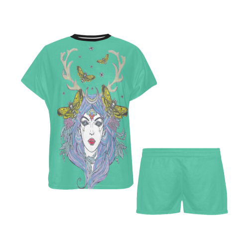 Goddess Sun Moon Earth Biscay Green Women's Short Pajama Set