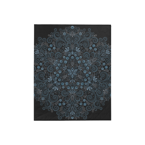 Blueberry Field, Blue, Watercolor Mandala on black Quilt 40"x50"