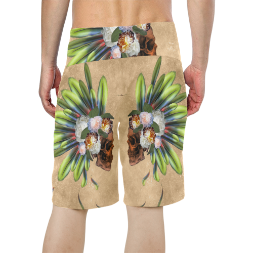 Amazing skull with feathers and flowers Men's All Over Print Board Shorts (Model L16)