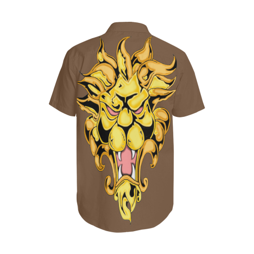 Gold Metallic Lion Brown Men's Short Sleeve Shirt with Lapel Collar (Model T54)
