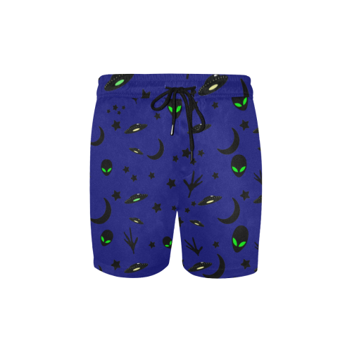Alien Flying Saucers Stars Pattern on Blue Men's Mid-Length Swim Shorts (Model L39)