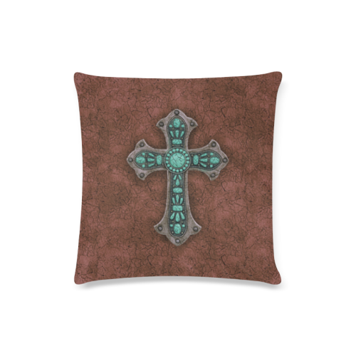 Brown and Turquoise Rustic Cross Custom Zippered Pillow Case 16"x16"(Twin Sides)