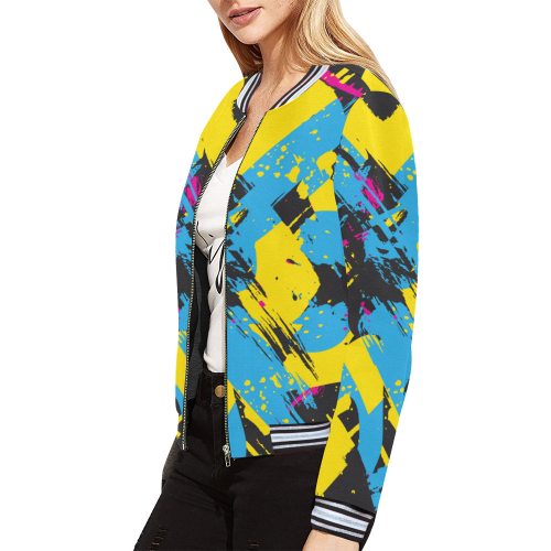 Colorful paint stokes on a black background All Over Print Bomber Jacket for Women (Model H21)