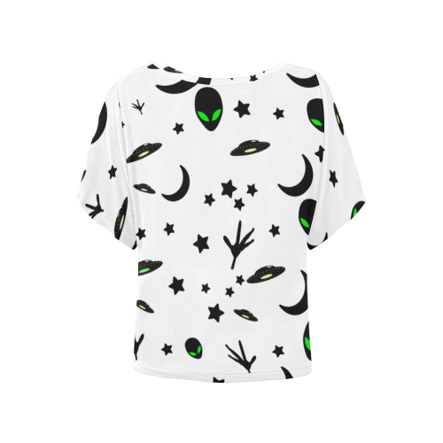 Alien Flying Saucers Stars Pattern on White Women's Batwing-Sleeved Blouse T shirt (Model T44)