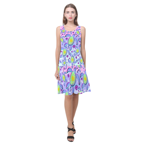 Sea Turtle and Sun Abstract Glitch Ultraviolet Sleeveless Splicing Shift Dress(Model D17)