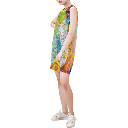 Colorful Translucent Pattern Sleeveless Round Neck Shift Dress (Model D51)