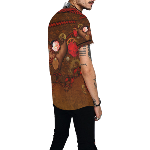 Steampunk heart with roses, valentines All Over Print Baseball Jersey for Men (Model T50)