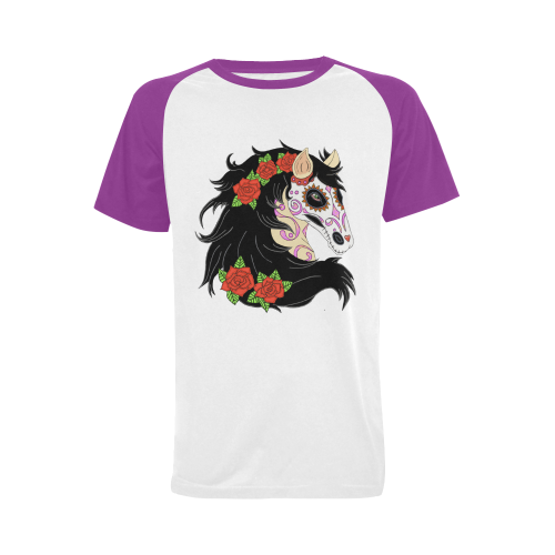 Sugar Skull Horse Red Roses Purple Men's Raglan T-shirt Big Size (USA Size) (Model T11)