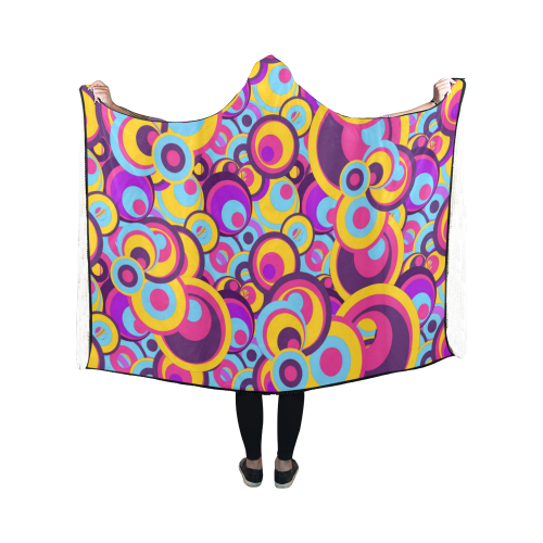 Retro Circles Groovy Violet, Yellow, Blue Colors Hooded Blanket 50''x40''