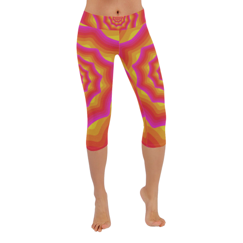 Yellow pink spiral Women's Low Rise Capri Leggings (Invisible Stitch) (Model L08)