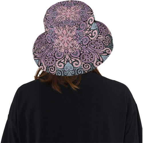 Pink, purple blue, Boho Ornate Watercolor Mandala All Over Print Bucket Hat