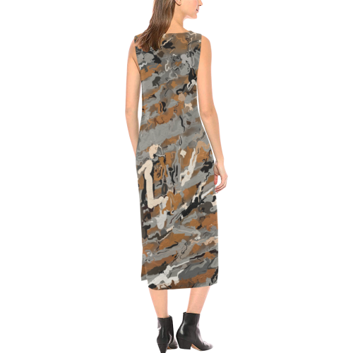 Gray, Black and Caramel Abstract Phaedra Sleeveless Open Fork Long Dress (Model D08)