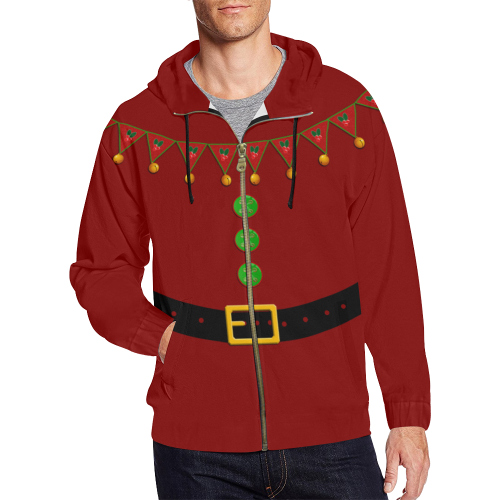 Santa's Helper Elf Red All Over Print Full Zip Hoodie for Men (Model H14)