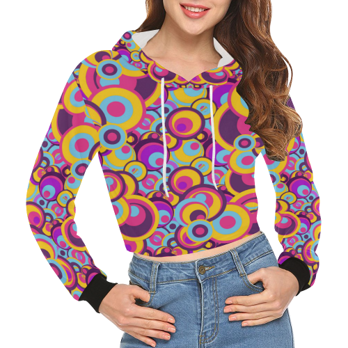 Retro Circles Groovy Violet, Yellow, Blue Colors All Over Print Crop Hoodie for Women (Model H22)
