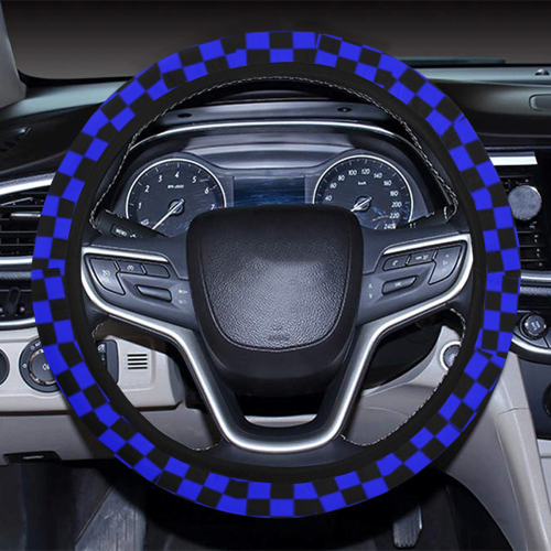 Checkerboard Black And Blue Steering Wheel Cover with Elastic Edge