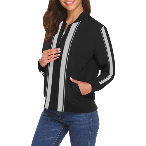 Silver and Black Race Car Stripes Side Center All Over Print Bomber Jacket for Women (Model H19)