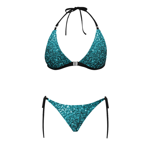 Beautiful Aqua blue glitter sparkles Buckle Front Halter Bikini Swimsuit (Model S08)