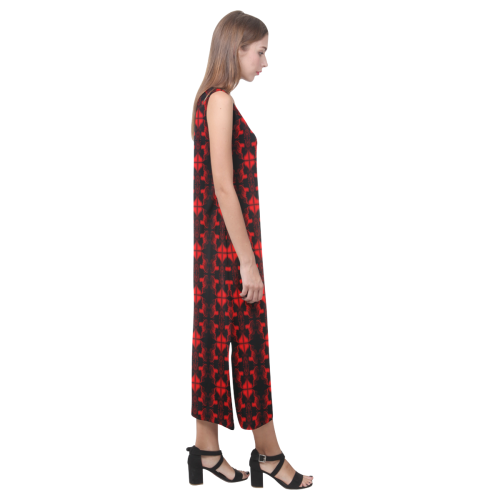 Abstract Flowing  * Red on Black Phaedra Sleeveless Open Fork Long Dress (Model D08)