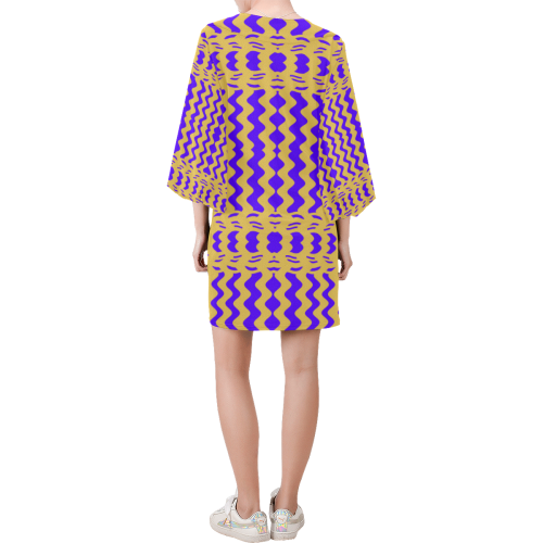 Purple Yellow Modern  Waves Lines Bell Sleeve Dress (Model D52)