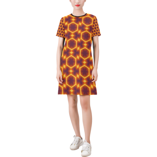 Orange Kaleidoscope Hexagonals Designed Dress Short-Sleeve Round Neck A-Line Dress (Model D47)